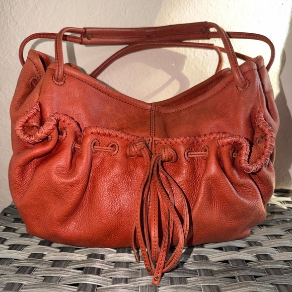 Nine West Vintage America Rust Leather Drawstring Shoulder Bag Floral Lining - Picture 16 of 16